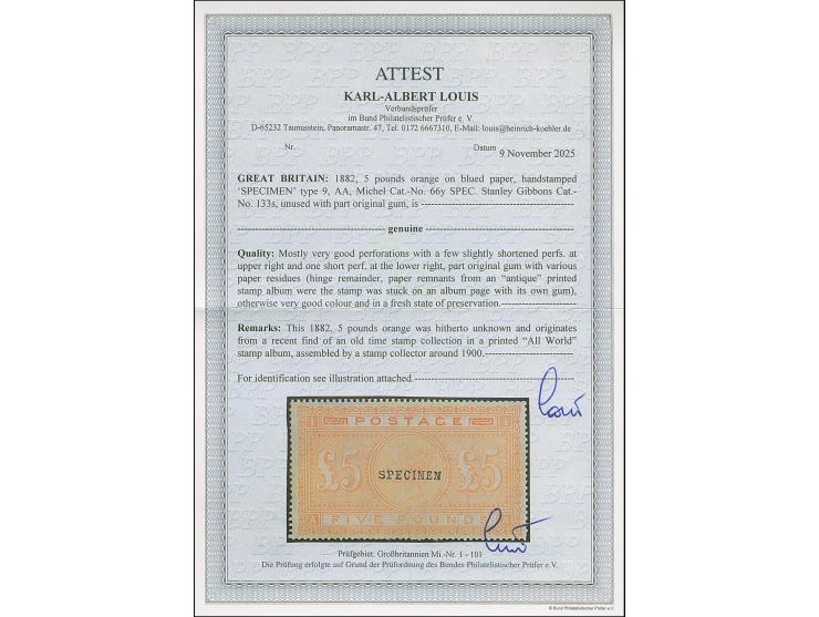1882, £5 orange on blued paper, AA, handstamped "SPECIMEN", type 9, very good colour, mostly very good perforations, unused w