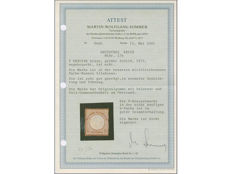 9 Kr. mittelrotbraun, farbfrisch, gut geprägt und normal gezähnt. Die ungebrauchte Marke mit Falz ist in einwandfreier Erhalt