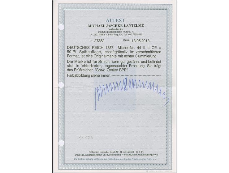 50 Pfg. lebhaftgrünoliv im verschmälerten Format, farbfrisch und sehr gut gezähnt, ungebraucht und in tadelloser Erhaltung. E