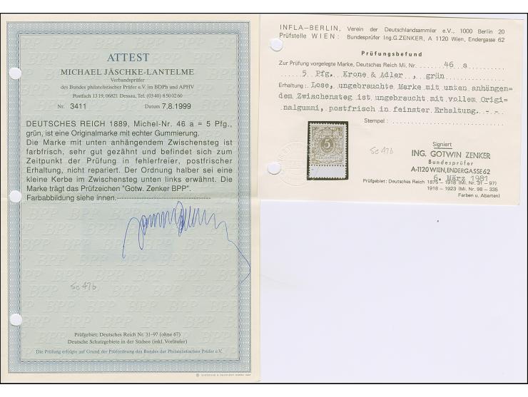 1890, Krone/Adler 5 Pfg. grün mit Zwischensteg unten, ist farbfrisch und sehr gut gezähnt. Die postfrische Marke ist in tadel