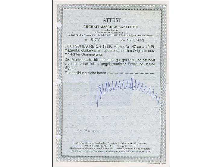 10 Pfg. magenta (dunkelkarmin quarzend), ist farbfrisch und sehr gut gezähnt, ungebraucht mit voller Originalgummierung und i