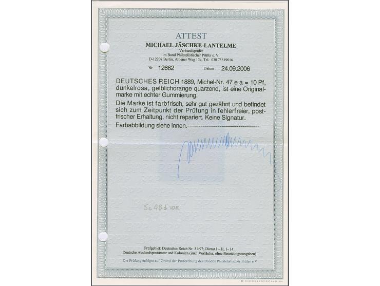 10 Pfg. dunkelrosa (gelblichorange quarzend), ist farbfrisch und sehr gut gezähnt. Die farbfrische Marke ist in tadelloser Er