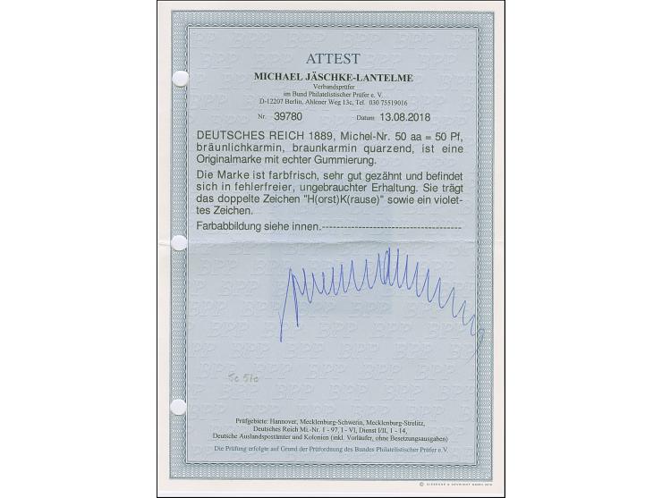 50 Pfg. bräunlichkarmin (braunkarmin quarzend), farbfrisch und sehr gut gezähnt, ungebraucht mit voller Gummierung und in tad