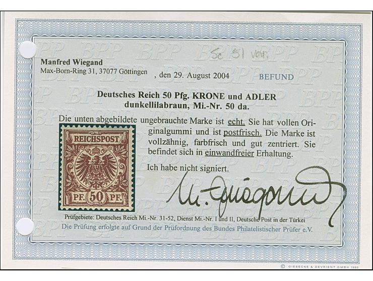 50 Pfg. dunkellilabraun, postfrisch und in tadelloser Erhaltung. Die farbfrische Marke ist unsigniert mit Fotobefund Wiegand 