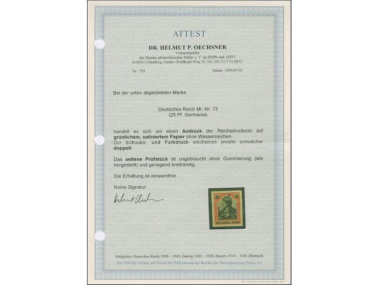 1902, Andruckprobe 25 Pfg. ungezähnt mit Doppeldruck auf grünlichem, satiniertem Papier ohne Gummierung, in einwandfreier Erh