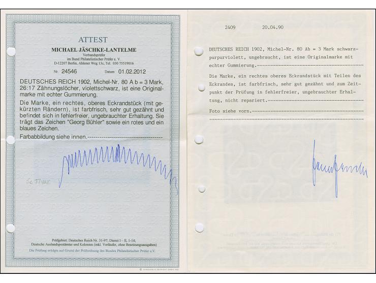 3 M. violettschwarz, Zähnungslöcher 25 : 17, aus der rechten oberen Bogenecke (Ränder gekürzt), ungebraucht &nbsp;und in tade