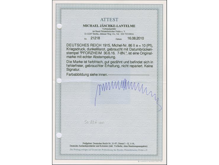 Germania Kriegsdruck 10 Pfg. dunkellilarot, farbfrisch und gut gezähnt mit Stempel “PFORZHEIM 30.6.16”, in tadelloser Erhaltu