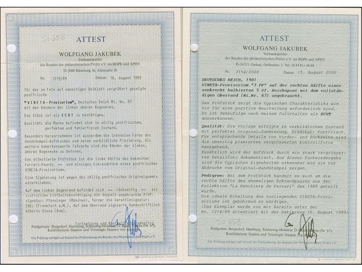 1900, Vineta-Provisorium 3 PF auf Germania Reichspost 5 Pfg. aus der linken oberen Bogenecke und zweites Stück mit Oberrand. 