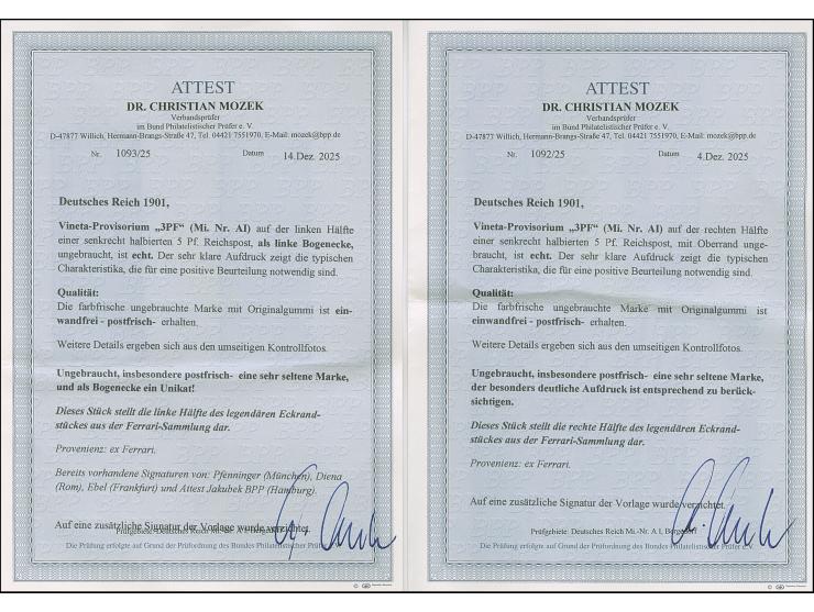 1900, Vineta-Provisorium 3 PF auf Germania Reichspost 5 Pfg. aus der linken oberen Bogenecke und zweites Stück mit Oberrand. 