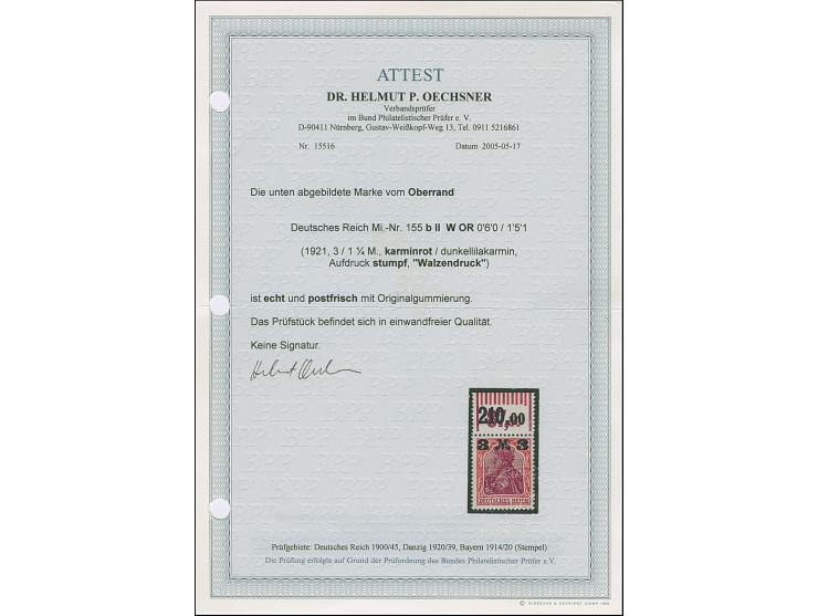 1921, Germania 3 M. auf 1¼ M. karminrot/dunkelkarminlila mit stumpfem Aufdruck, Walzendruck-Oberrandstück mit der Konfigurati