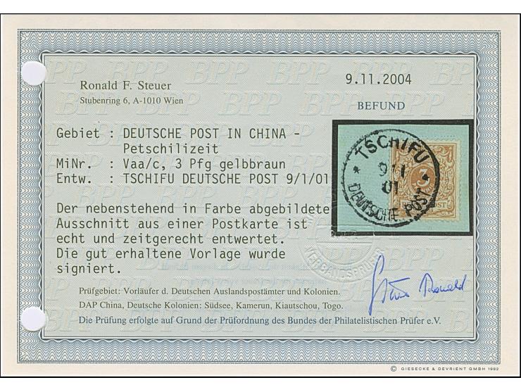 1900, Krone/Adler 3 Pfg. hellockerbraun mit Stempel “TSCHIFU DP 9.1.01” auf Briefstück in tadelloser Erhaltung. Die farbfrisc