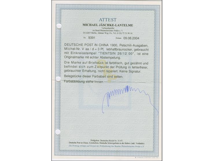 Krone/Adler 3 Pfg. lebhaftbraunocker mit klarem Stempel “TIENTSIN DP *a 26.12.00” auf Briefstück in tadelloser Erhaltung. Ein