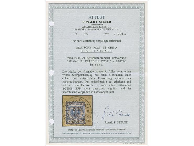 Krone/Adler 20 Pfg. violettultramarin mit klarem EKr. “SHANGHAI DP *a 2.10.00” auf Briefstück. Die farbfrische Marke hat klei