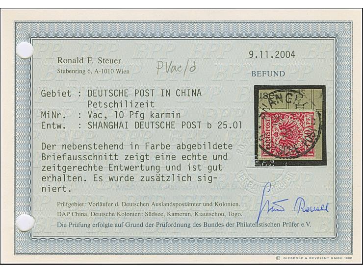 Krone/Adler 10 Pfg. lebhaftlilarot, farbfrisch und gut gezähnt mit Stempel “SHANGHAI DP *b 25…01.” auf Briefstück in einwandf