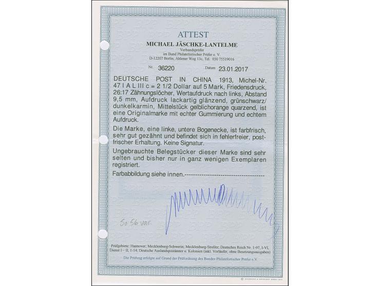 1906/19, 2½ Dollar auf 5 M. Friedensdruck, Zähnungslöcher 26:17, Wertaufdruck nach links mit lackartig glänzendem Aufdruck mi