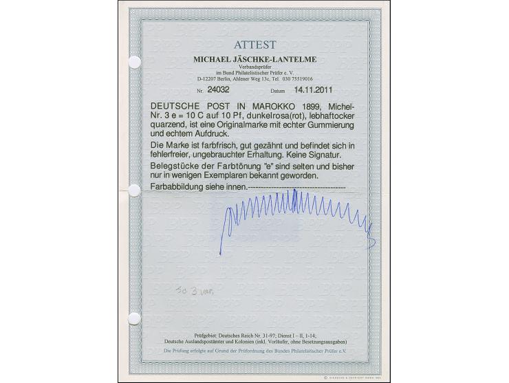 1899, 10 C. auf 10 Pfg. dunkelrosarot (lechaftocker quarzend), farbfrisch und gut gezähnt, ungebraucht, in einwandfreier Erha