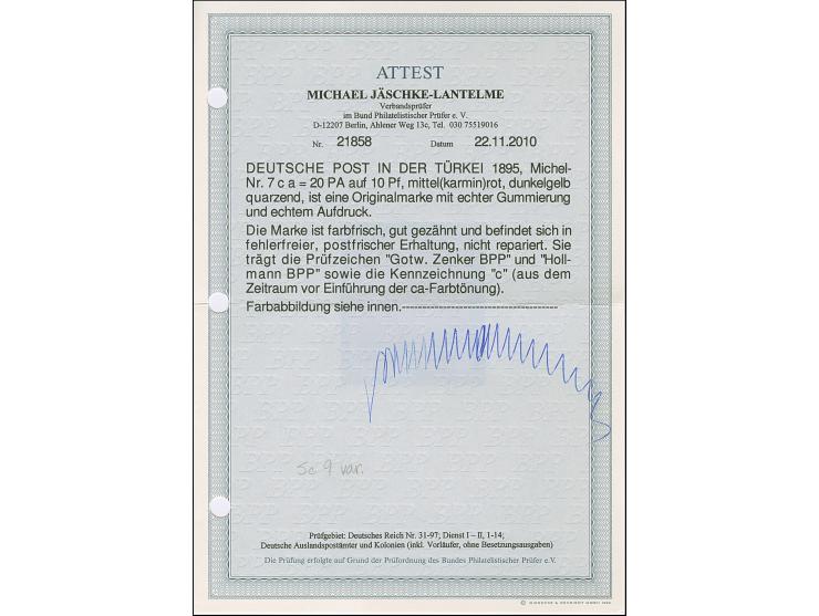 1889, 20 Pa. auf 10 Pfg. mittel(karmin)rot (dunkelgelb quarzend), ist farbfrisch und gut gezähnt. Die postfrische Marke ist i