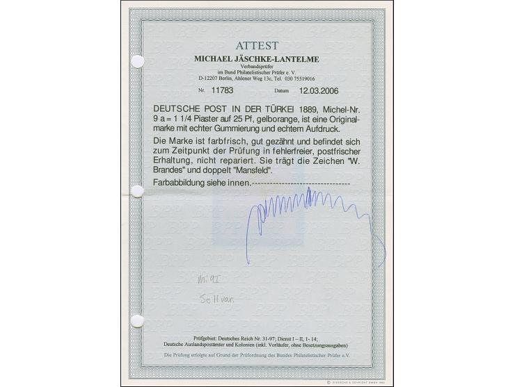 1¼ Pia. auf 25 Pfg. gelborange, ist farbfrisch und gut gezähnt, postfrisch und ist in tadelloser Erhaltung. Postfrische Marke