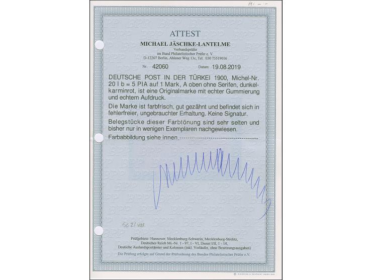 1900/04, Reichspost 5 Pia. auf 1 M. dunkelkarminrot, farbfrisch und gut gezähnt, ungebraucht und in tadelloser Erhaltung. Ein