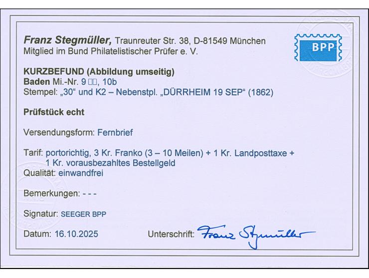 1 Kr. schwarz im waagerechten Paar und 3 Kr. ultramarin, alle farbfrisch und gut gezähnt, mit Nr. "30" und nebengesetztem DKr