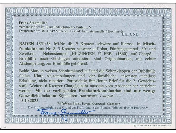 9 Kr. auf lilarosa, in Mischfrankatur mit 1858, 3 Kr. auf blau, erstere etwas stärker angeschnitten, mit Nr. "60" und nebenge