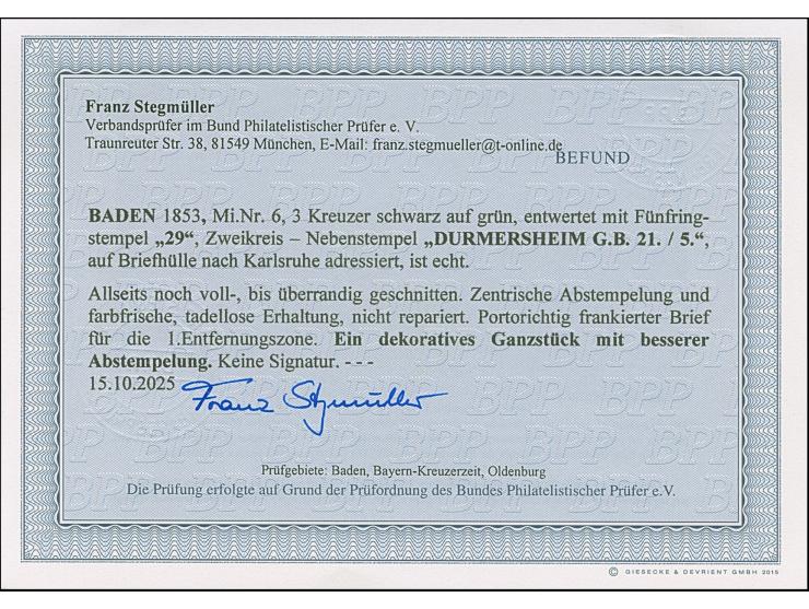 "29" auf 3 Kr. auf grün, mit klar nebengesetztem DKr. DURMERSHEIM/G. B./21./5." auf Briefhülle nach Karlsruhe. Ein seltener S