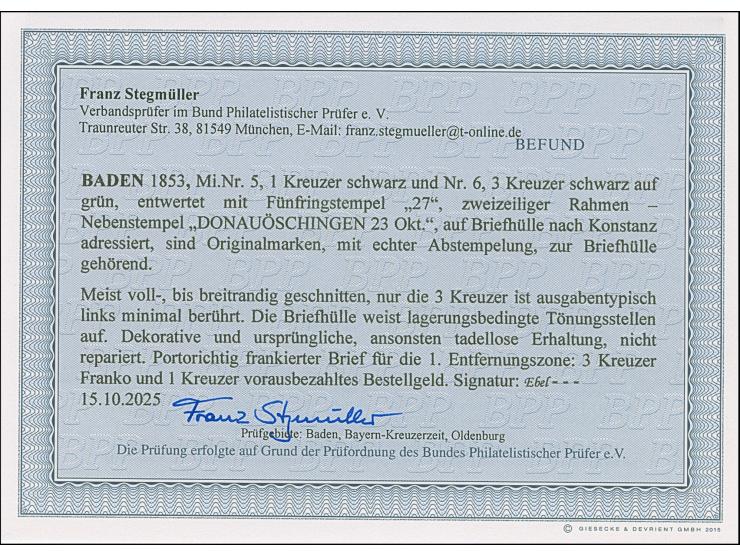 1 Kr. schwarz und 3 Kr. auf grün, mit Nr. "27" und nebengesetztem Ra2 "DONAUÖSCHINGEN 23 Okt." und Uhrradstempel "11" (Gotten