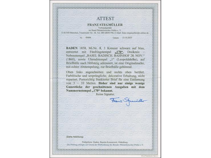 "170" sauber auf 3 Kr. auf blau, oben links schräg angeschnitten, sonst voll- bis breitrandig, mit nebengesetztem DKr. "BASEL