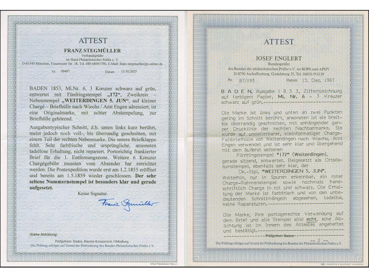 "172" sauber auf 3 Kr. auf grün in ausgabetypischem Schnitt, teils überrandig, mit sauber nebengesetztem DKr. "WEITERDINGEN 5