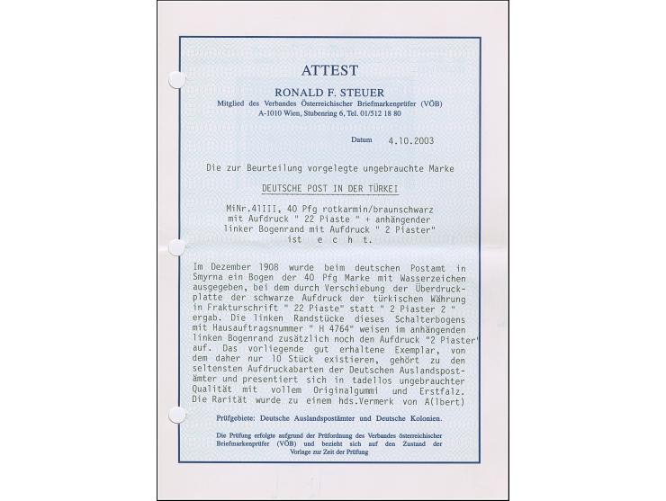 1905, 2 Pia. auf 40 Pfg. mit Aufdruckfehler “seitwärts stark verschobener Aufdruck 22 Piaster und anhängender linker Bogenran