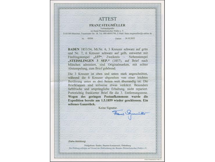 "137" auf 6 Kr. auf gelb, unten leicht berührt, sonst bereit- bis überrandig, mit Teilen von 4 Nachbarmarken, zusammen mit 3 