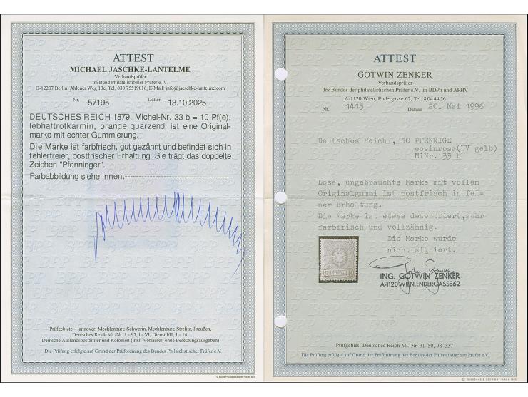1875, 10 Pfge lebhaftrotkarmin (orange quarzend), ist farbfrisch und gut gezähnt. Die postfrische Marke ist in tadelloser Erh