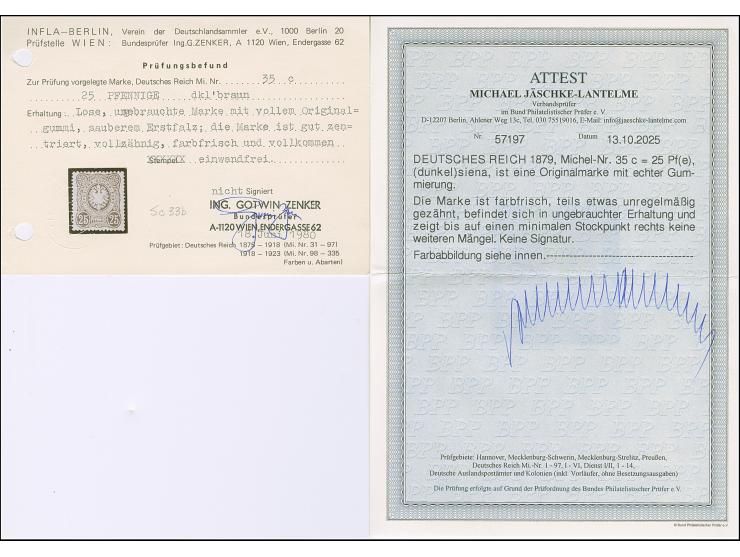 25 Pfge (dunkel)siena, ist farbfrisch und teils etwas unregelmäßig gezähnt. Die ungebrauchte Marke hat einen minimalen Stockp