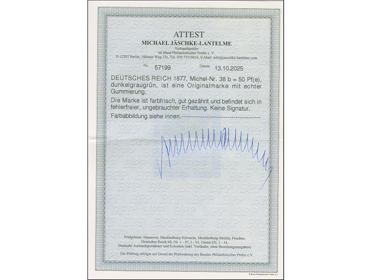 50 Pfge dunkelgraugrün, farbfrisch und gut gezähnt, ungebraucht und in tadelloser Erhaltung. Von dieser Farbe sind nur ganz w