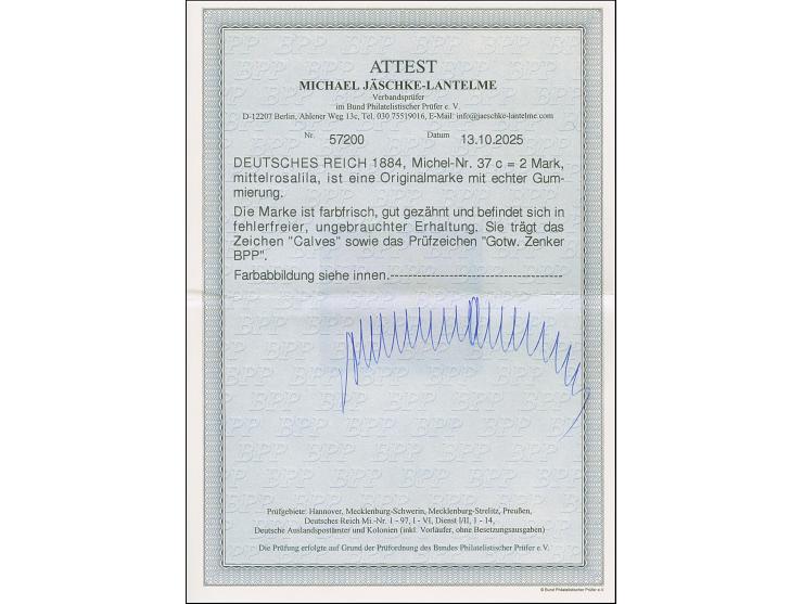 1884, 2 M. mittelrosalila, ist farbfrisch und gut gezähnt. Die ungebrauchte Marke ist in tadelloser Erhaltung, signiert Calve