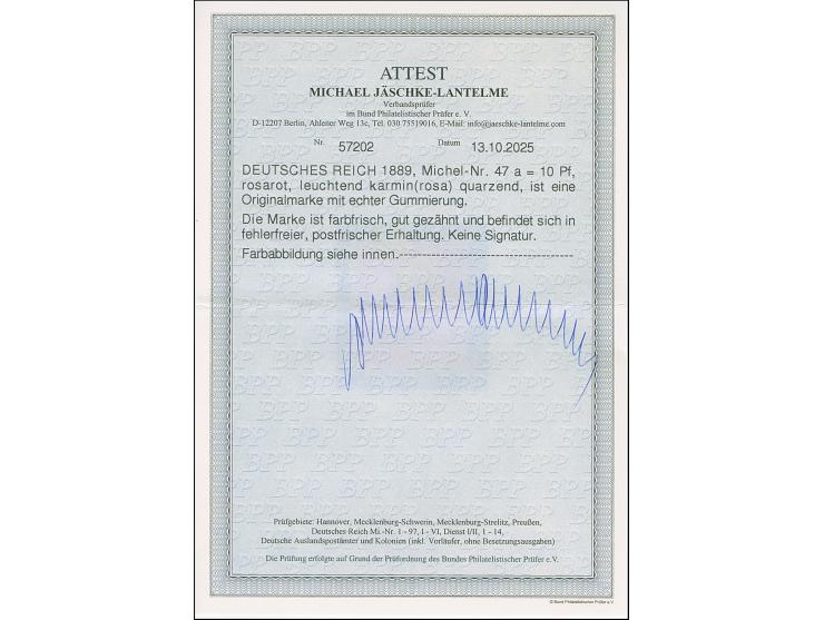 Krone/Adler 10 Pfg. rosarot (leuchtend karmin(rosa) quarzend), ist farbfrisch und gut gezähnt. Die postfrische Marke ist in t