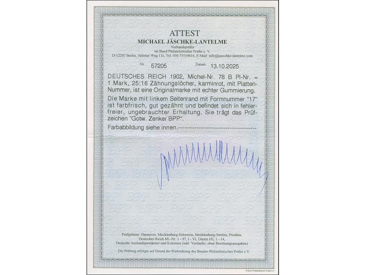 1 M. karminrot, Zähnungslöcher 25 : 16, farbfrisch und gut gezähnt mit linkem Seitenrand mit der Formnummer “17”. Die ungebra