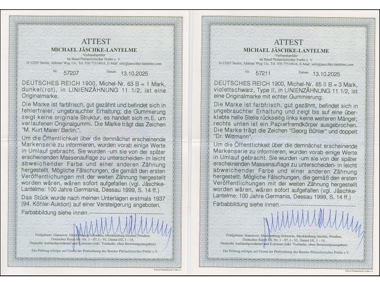 Versuchsauflage mit Linienzähnung 11½: 1900, Reichspost 1-5 M. komplett, ungebraucht, dabei 2 M. in Type I, 3 M. in Type II u