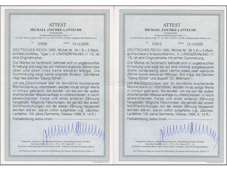 Versuchsauflage mit Linienzähnung 11½: 1900, Reichspost 1-5 M. komplett, ungebraucht, dabei 2 M. in Type I, 3 M. in Type II u