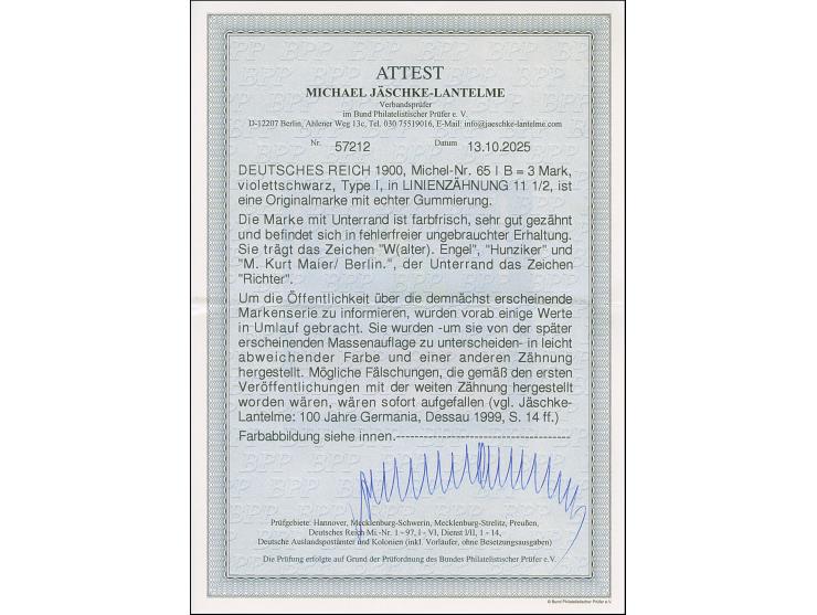 Versuchsauflage mit Linienzähnung 11½: 1900, Reichspost 3 M., Unterrandstück in Type I, ist farbfrisch und sehr gut gezähnt. 