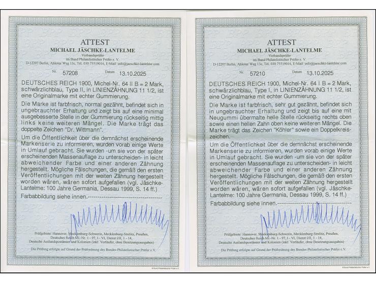 Versuchsdrucke mit Linienzähnung 11½: 1900, Reichspost 2 M. in Type I und II (dunkle Farbnuance), sind farbfrisch und sehr gu