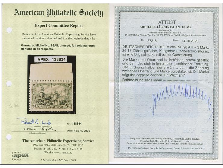 1919, Kriegsdruck 3 M. schwarzviolettgrau mit Zähnungslöcher 26:17, Oberrandstück, postfrisch und in tadelloser Erhaltung. Da