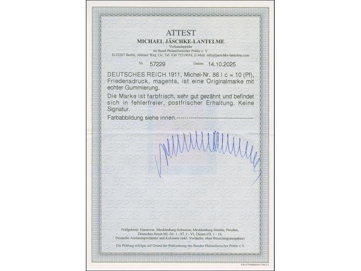 1905/13, Friedensdruck 10 Pfg. magenta, ist farbfrisch und gut gezähnt, postfrisch und in tadelloser Erhaltung, unsigniert mi
