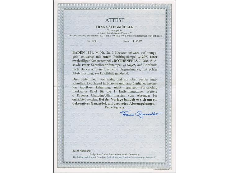 "120" in rot, klar und gerade auf 3 Kr. auf orangegelb, mit klar in rot nebengesetztem L2 "ROTHENFELS 7. Okt. 51" und Schreib