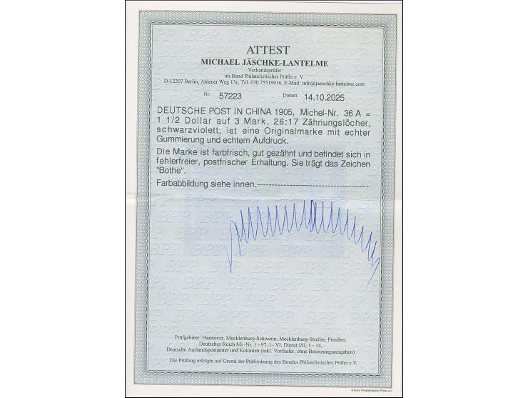 1905, 1½ Dollar auf 3 M. mit Zähnungslöcher 26:17, die farbfrische und gut gezähnte Marke ist postfrisch und in tadelloser Er