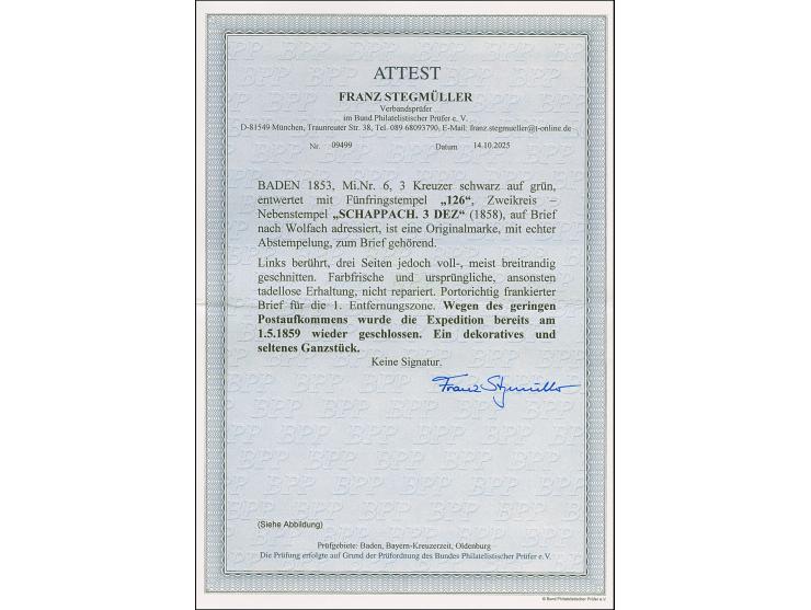 "126" in schwarz, sauber auf 3 Kr. auf grün, links leicht berührt, sonst voll- bis überrandig, mit klar nebengesetztem kleine