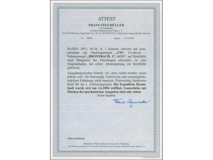 "176" klar lesbar abgeschlagen auf 3 Kr. Auf grün, oben rechts leicht berührt, sonst voll- bis überrandig, mit sauber nebenge