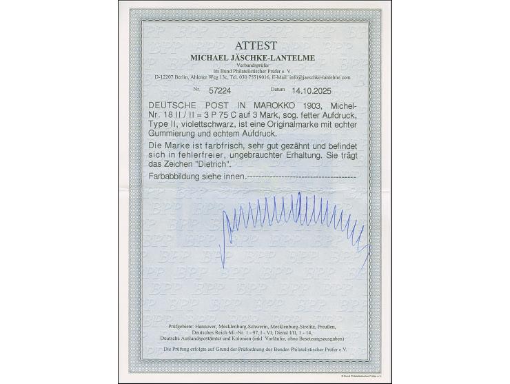 1903, 3 Pes. 75 cts. auf 3 M. in Type II mit fettem Aufdruck, die farbfrische und sehr gut gezähnte Marke ist ungebraucht und