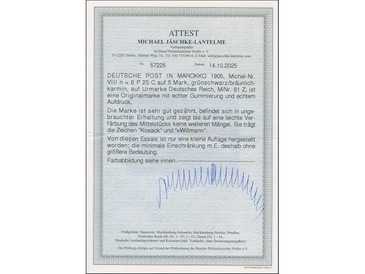 Amtlich nicht ausgegeben: 6 Pes. 25 cts auf 5 M. Zwischentype (Mittelstück Böttcher mit Ohr), ungebraucht mit leichter Verfär