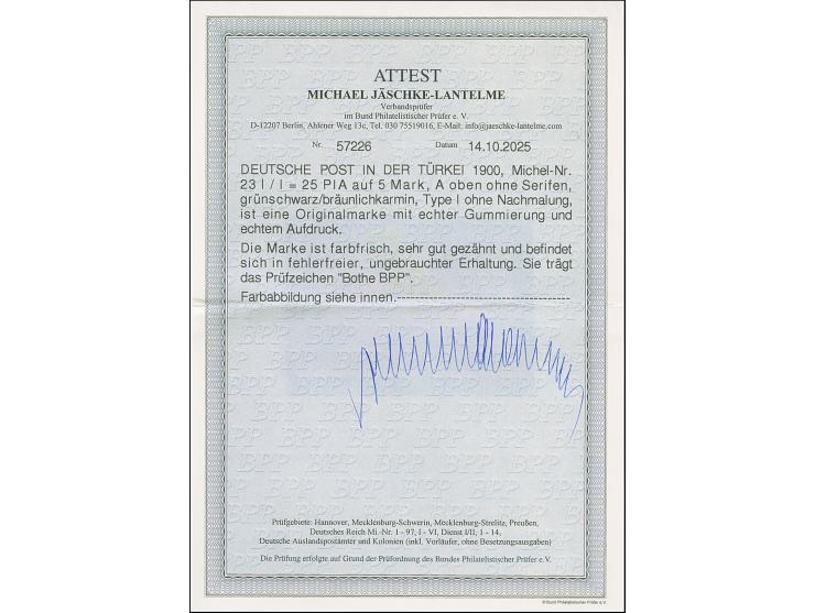 1900/04, Reichspost 25 PIASTER auf 5 M. in Type I ohne Nachmalung. Die farbfrische und sehr gut gezähnte Marke ist ungebrauch